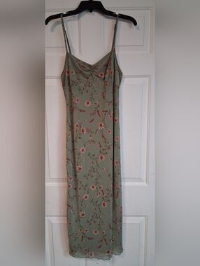 Thirty Thirty Sage Green Floral Maxi Slip Dress with Pink Blooms Casual  Sz XL